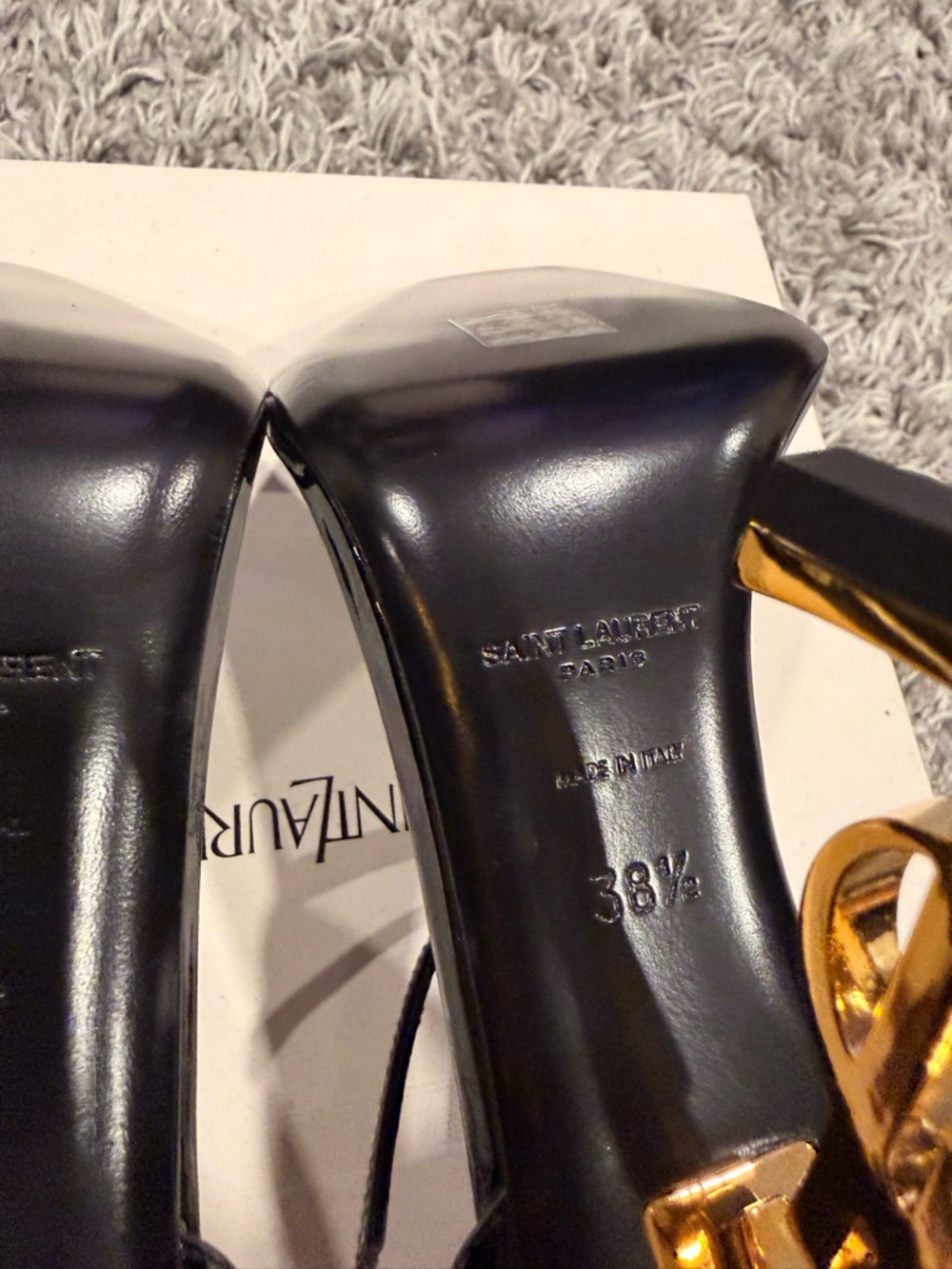 Saint Laurent Black Patent Sandals with Gold YSL Sculpted Heels - Picture 6 of 6